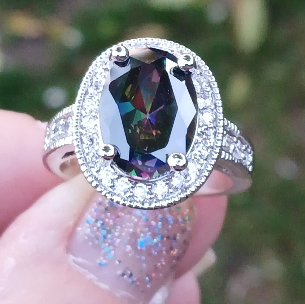 New Halo Oval Mystic Topaz & CZ 925 Silver Ring. - Picture 5 of 16